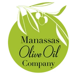 Green circle logo with olive branches and two olives above the words Manassas Olive Oil Company in black text.